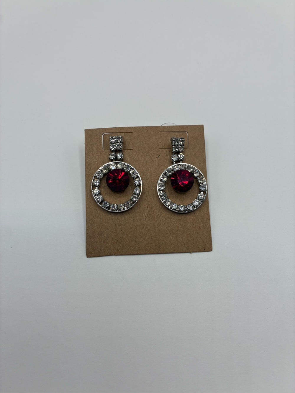 Circular Halo Ruby Red Stones And Diamonds Silver Toned Dangle Earrings Crimson